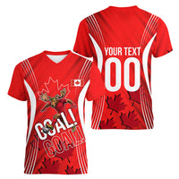 Personalized Canada Soccer Moose Goal Women V-Neck T-Shirt Red Maple Leaf Football Mascot