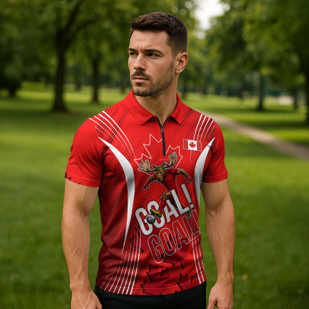 Personalized Canada Soccer Moose Goal Zipper Polo Shirt Red Maple Leaf Football Mascot