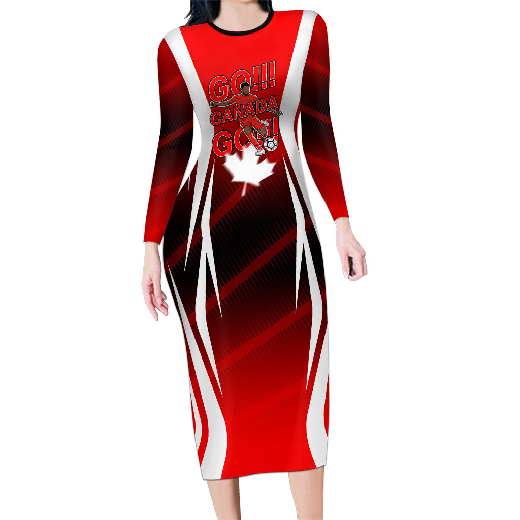 Custom Canada Soccer Player Long Sleeve Bodycon Dress Go Canada Maple Leaf