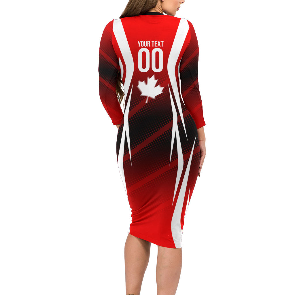 Custom Canada Soccer Player Long Sleeve Bodycon Dress Go Canada Maple Leaf