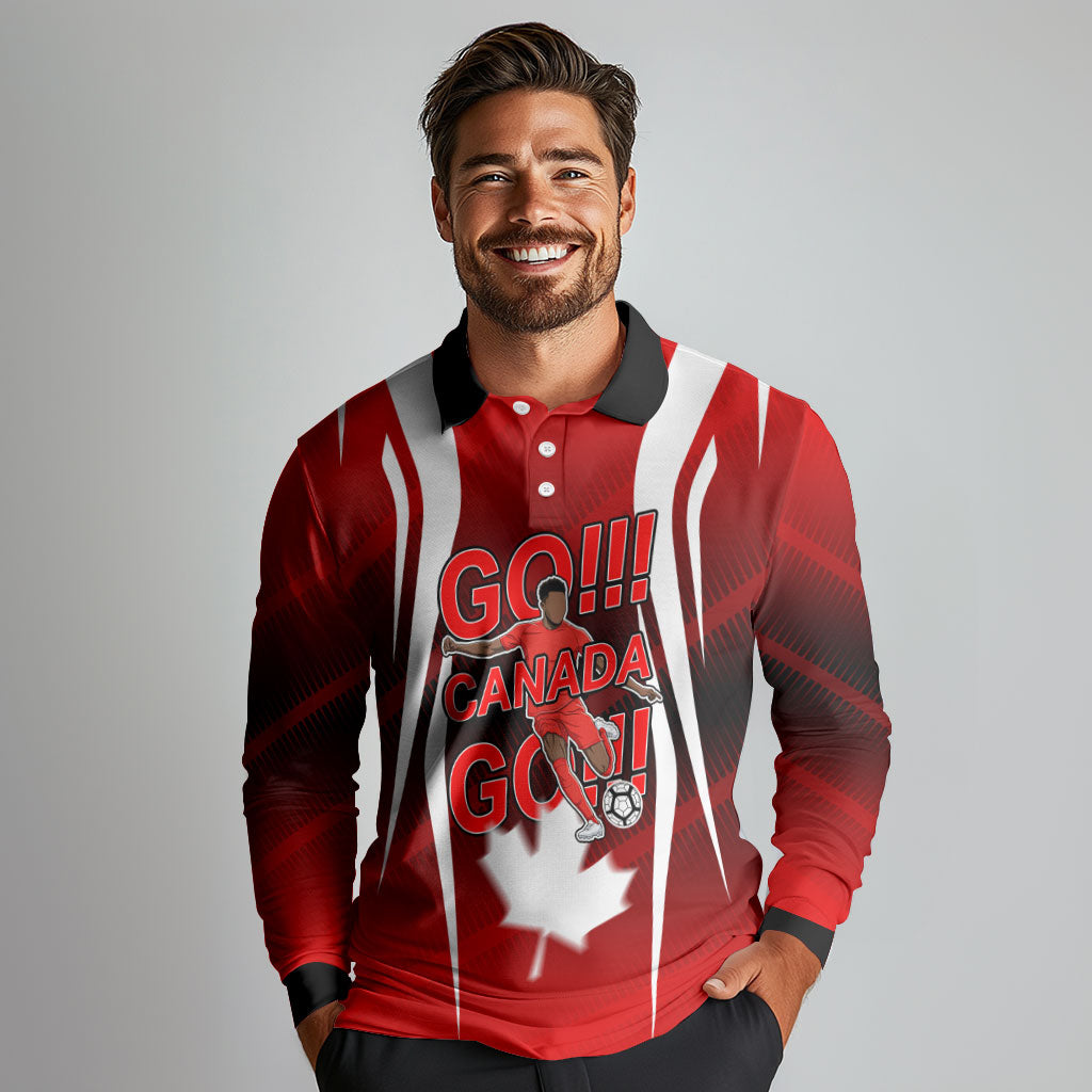 Custom Canada Soccer Player Long Sleeve Polo Shirt Go Canada Maple Leaf