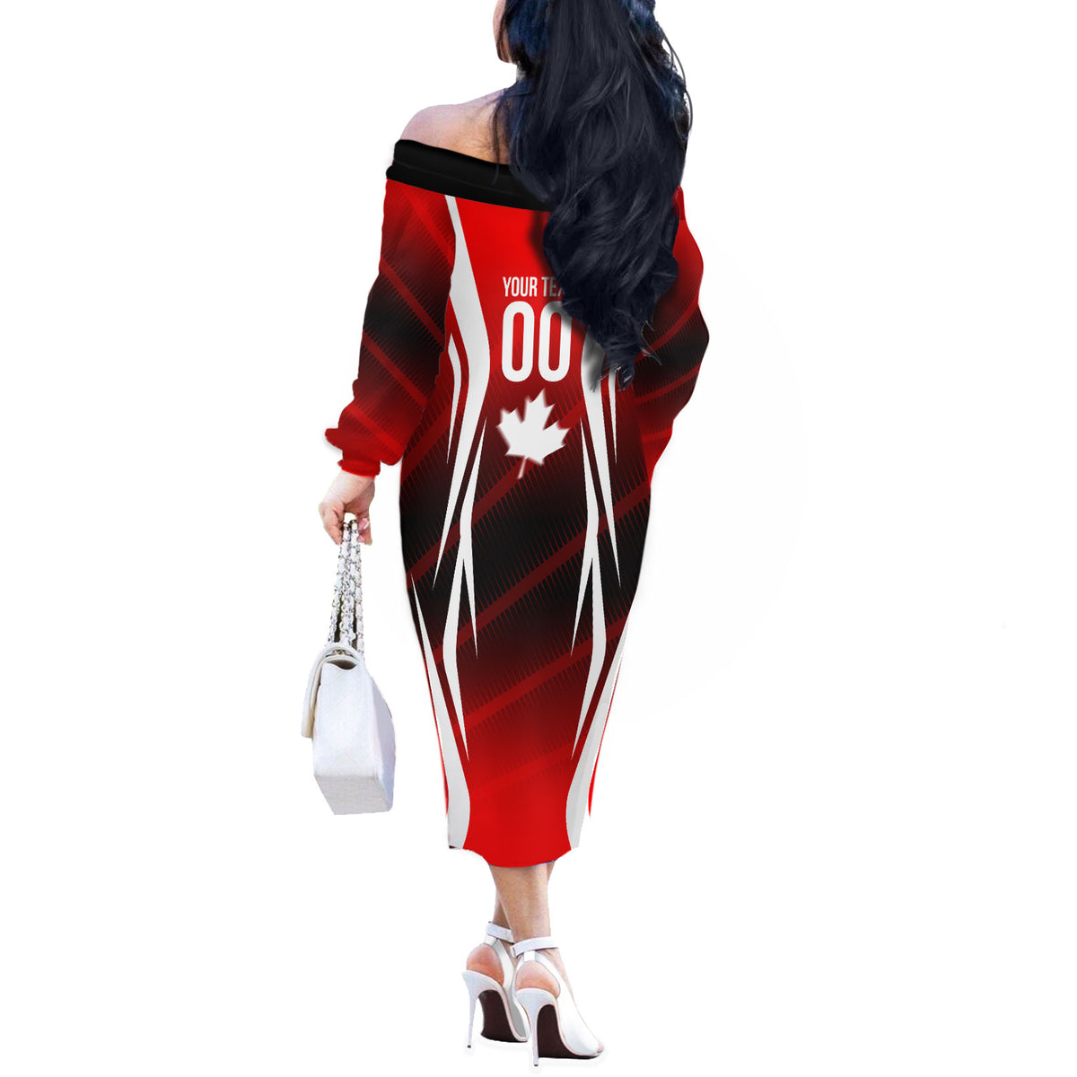 Custom Canada Soccer Player Off The Shoulder Long Sleeve Dress Go Canada Maple Leaf