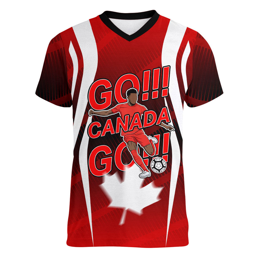 Custom Canada Soccer Player Women V-Neck T-Shirt Go Canada Maple Leaf