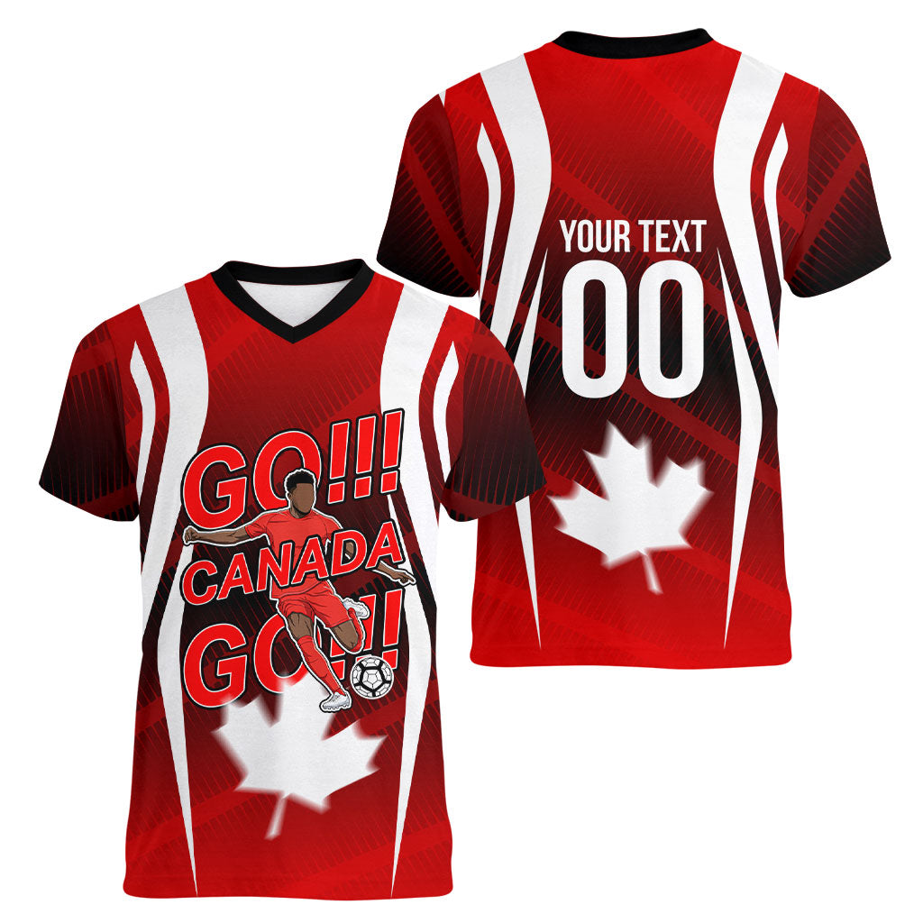 Custom Canada Soccer Player Women V-Neck T-Shirt Go Canada Maple Leaf