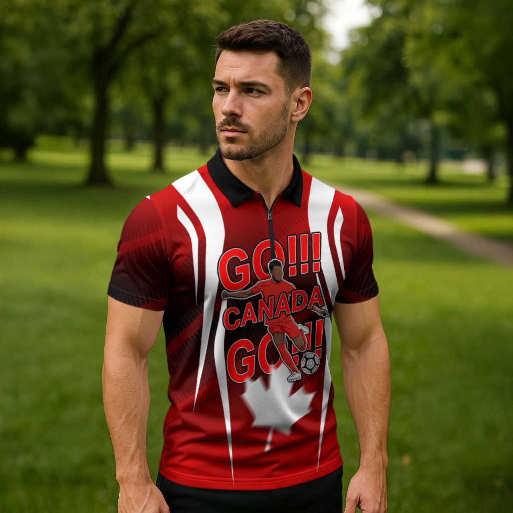 Custom Canada Soccer Player Zipper Polo Shirt Go Canada Maple Leaf