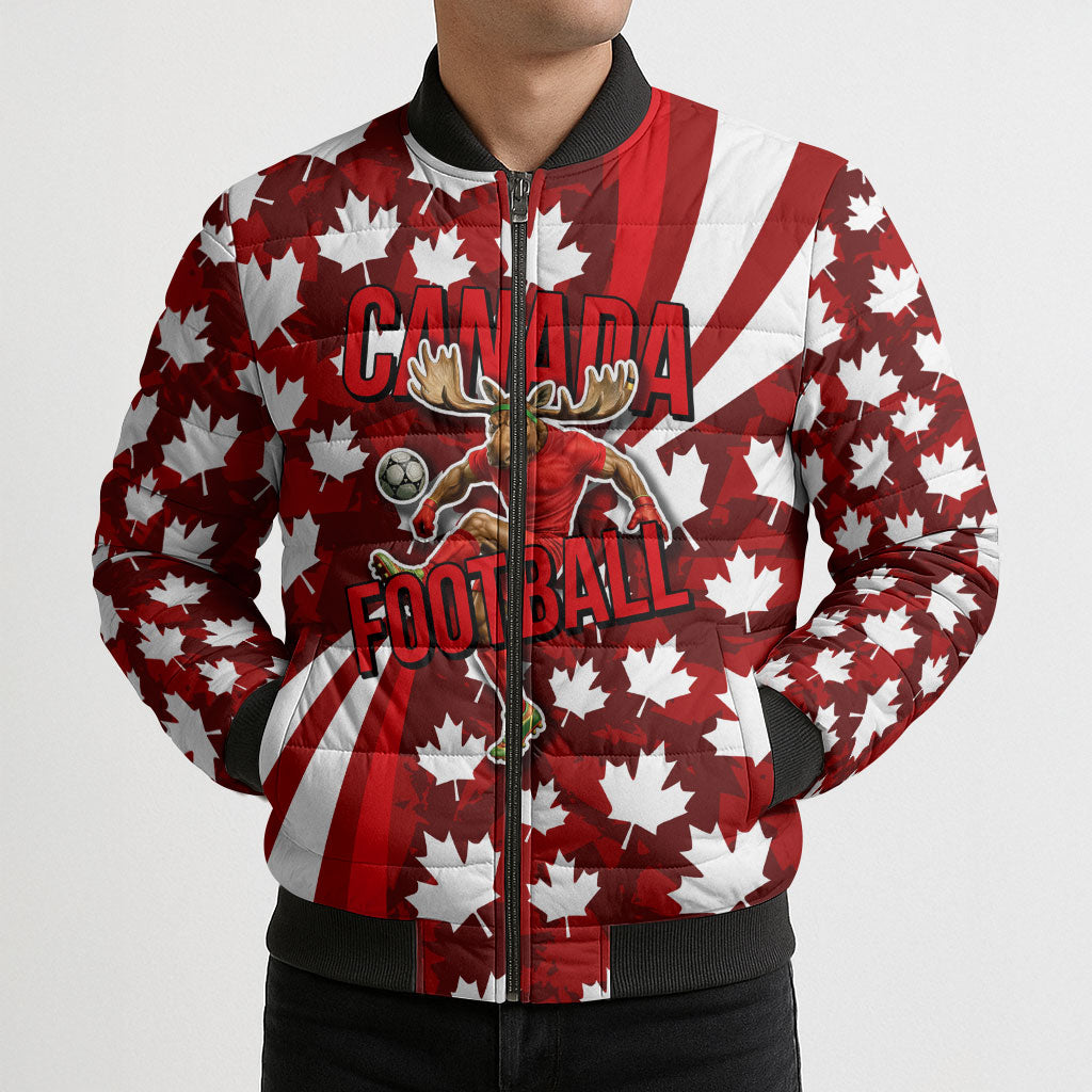 Personalized Canada Football Bomber Puffer Jacket Maple Leaf Pattern - Moose Soccer Mascot