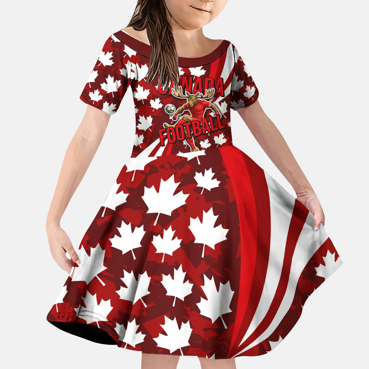 Personalized Canada Football Kid Short Sleeve Dress Maple Leaf Pattern - Moose Soccer Mascot