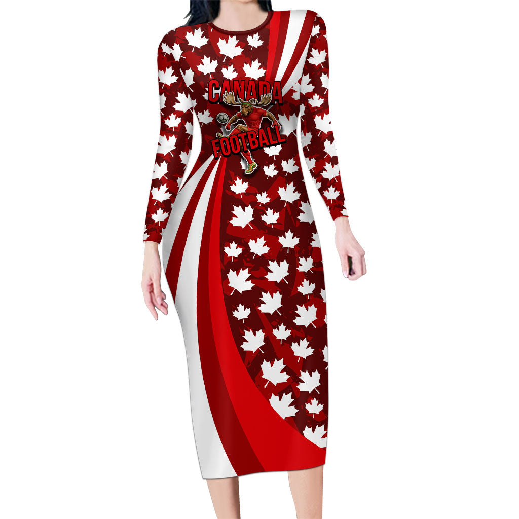 Personalized Canada Football Long Sleeve Bodycon Dress Maple Leaf Pattern - Moose Soccer Mascot