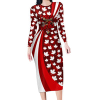 Personalized Canada Football Long Sleeve Bodycon Dress Maple Leaf Pattern - Moose Soccer Mascot