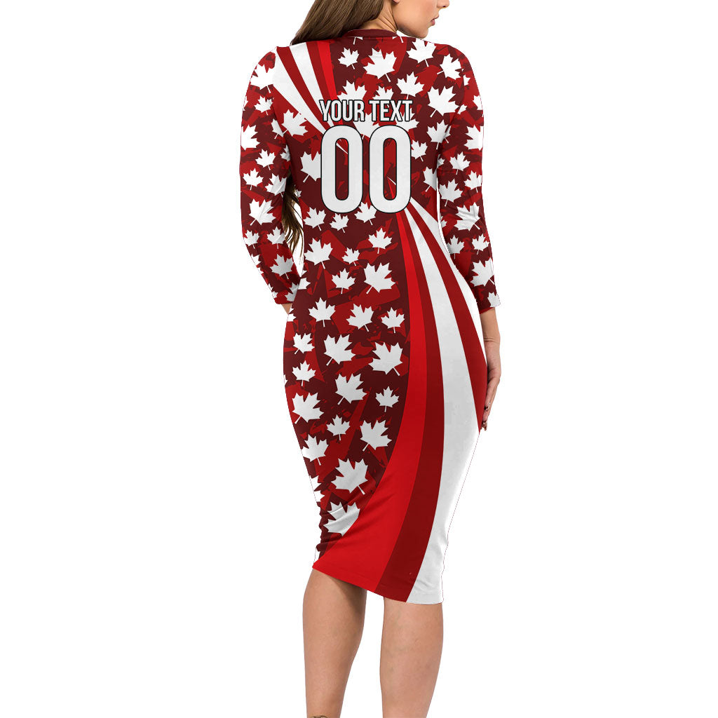 Personalized Canada Football Long Sleeve Bodycon Dress Maple Leaf Pattern - Moose Soccer Mascot