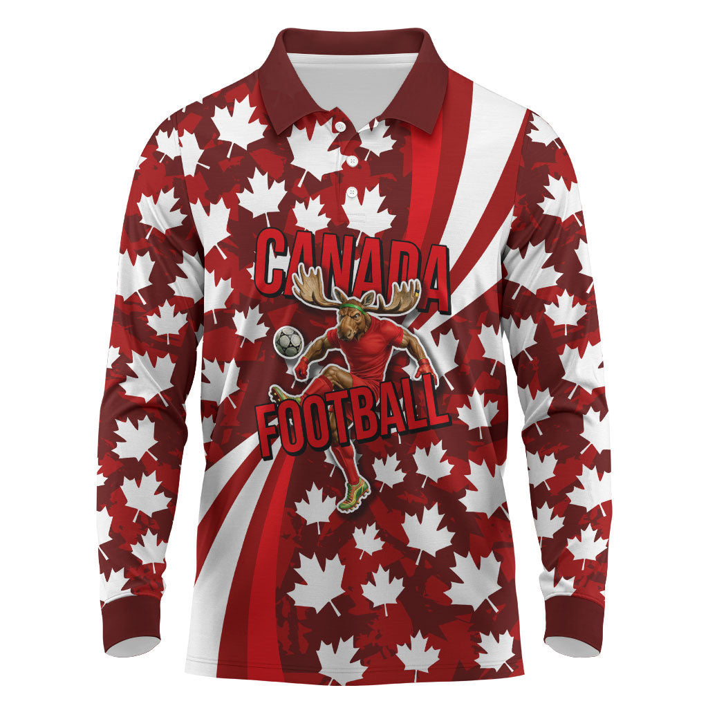 Personalized Canada Football Long Sleeve Polo Shirt Maple Leaf Pattern - Moose Soccer Mascot