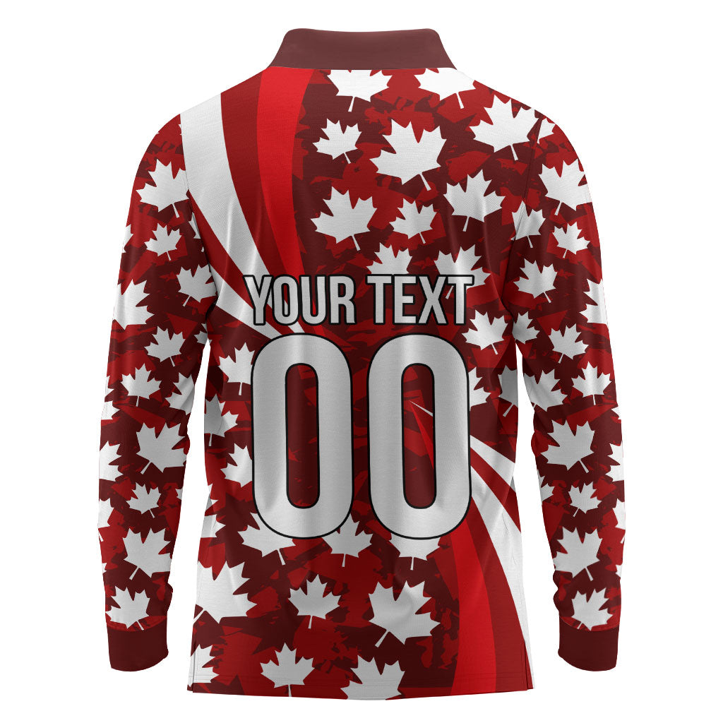 Personalized Canada Football Long Sleeve Polo Shirt Maple Leaf Pattern - Moose Soccer Mascot