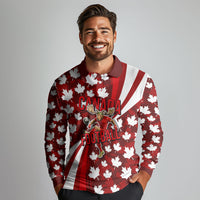 Personalized Canada Football Long Sleeve Polo Shirt Maple Leaf Pattern - Moose Soccer Mascot