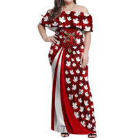 Personalized Canada Football Off Shoulder Maxi Dress Maple Leaf Pattern - Moose Soccer Mascot
