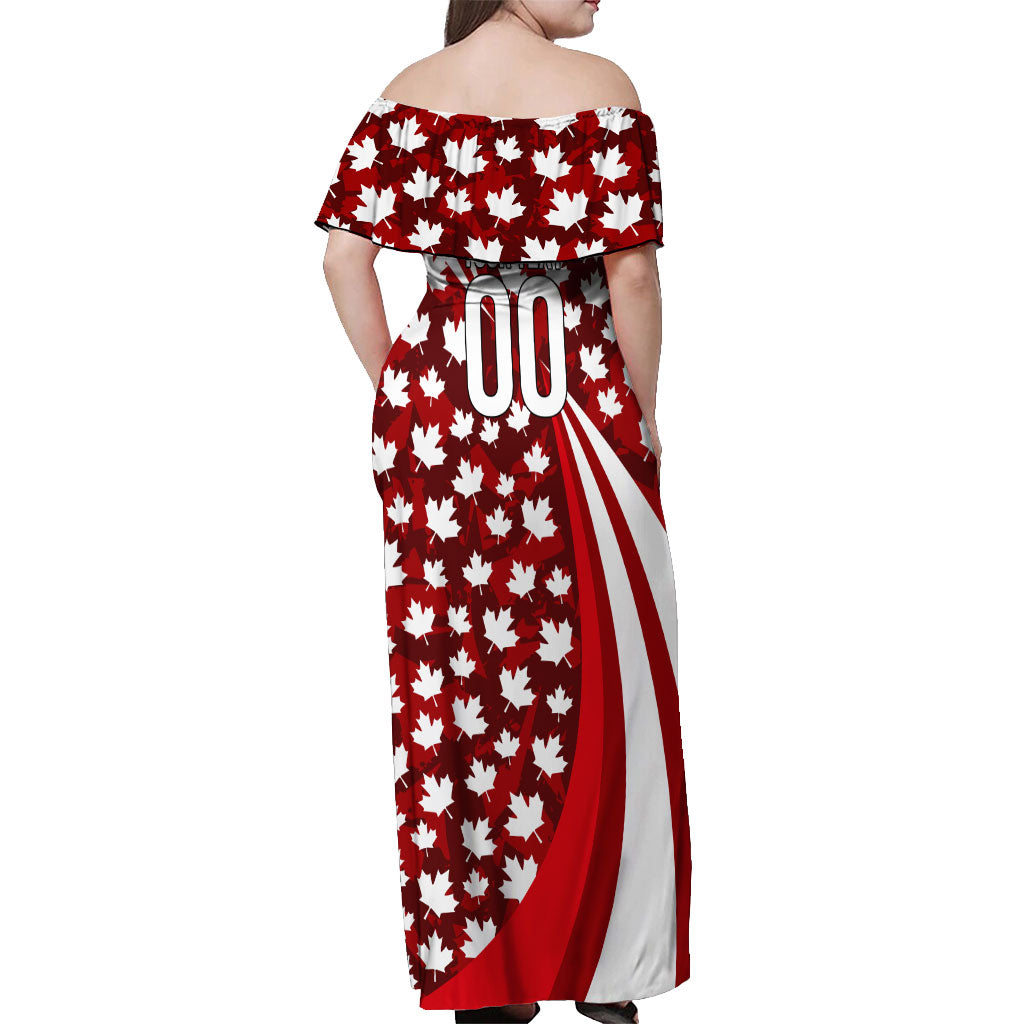 Personalized Canada Football Off Shoulder Maxi Dress Maple Leaf Pattern - Moose Soccer Mascot