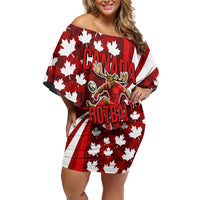 Personalized Canada Football Off Shoulder Short Dress Maple Leaf Pattern - Moose Soccer Mascot
