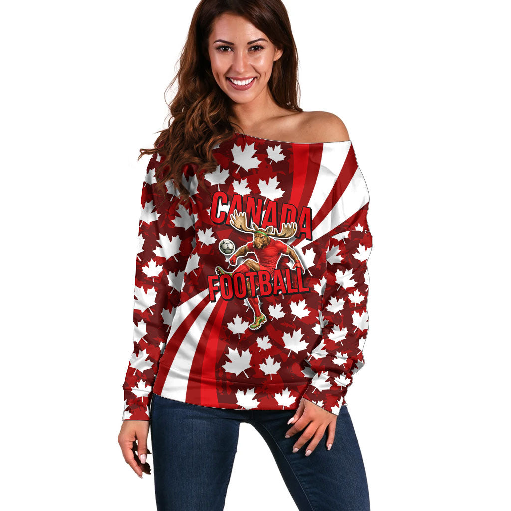Personalized Canada Football Off Shoulder Sweater Maple Leaf Pattern - Moose Soccer Mascot