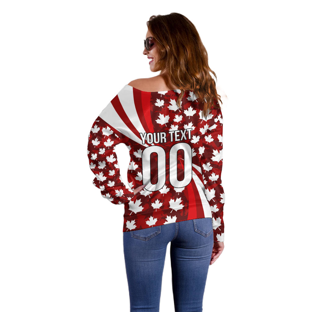 Personalized Canada Football Off Shoulder Sweater Maple Leaf Pattern - Moose Soccer Mascot