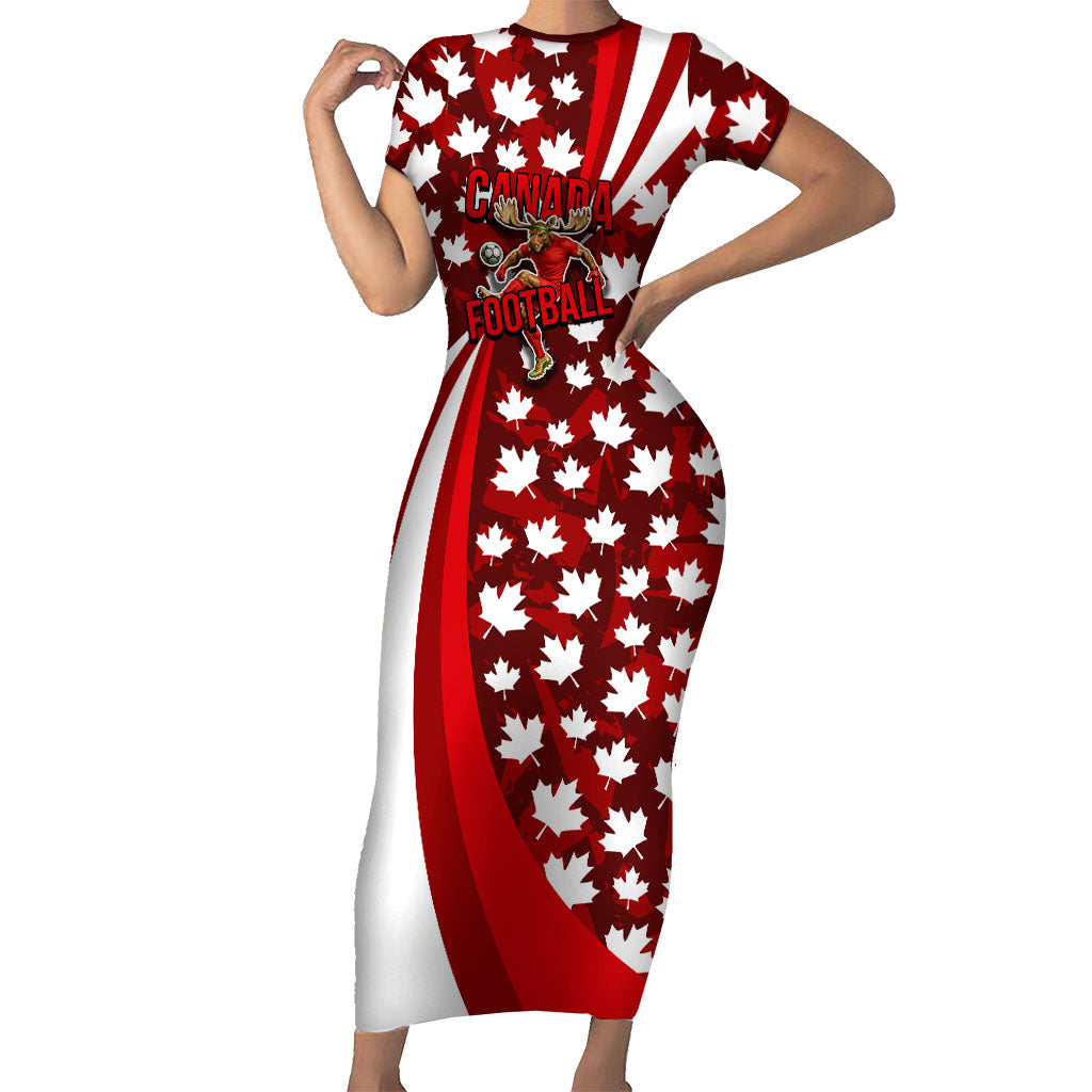 Personalized Canada Football Short Sleeve Bodycon Dress Maple Leaf Pattern - Moose Soccer Mascot