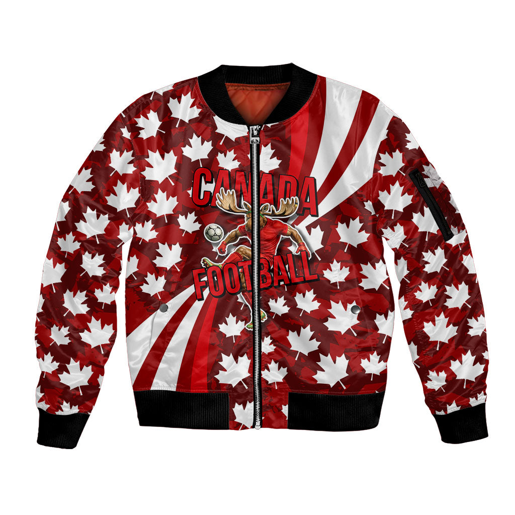 Personalized Canada Football Sleeve Zip Bomber Jacket Maple Leaf Pattern - Moose Soccer Mascot