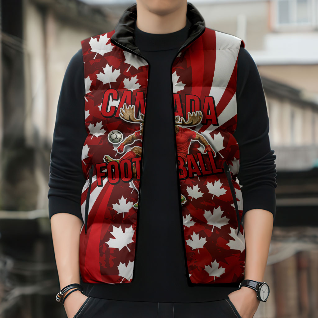Personalized Canada Football Sleeveless Puffer Jacket Maple Leaf Pattern - Moose Soccer Mascot