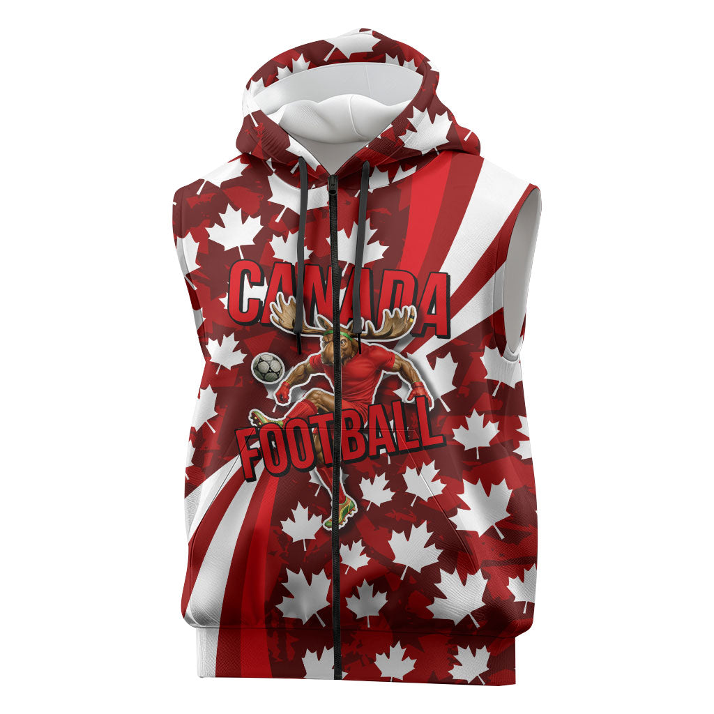 Personalized Canada Football Sleeveless Zip Hoodie Maple Leaf Pattern - Moose Soccer Mascot