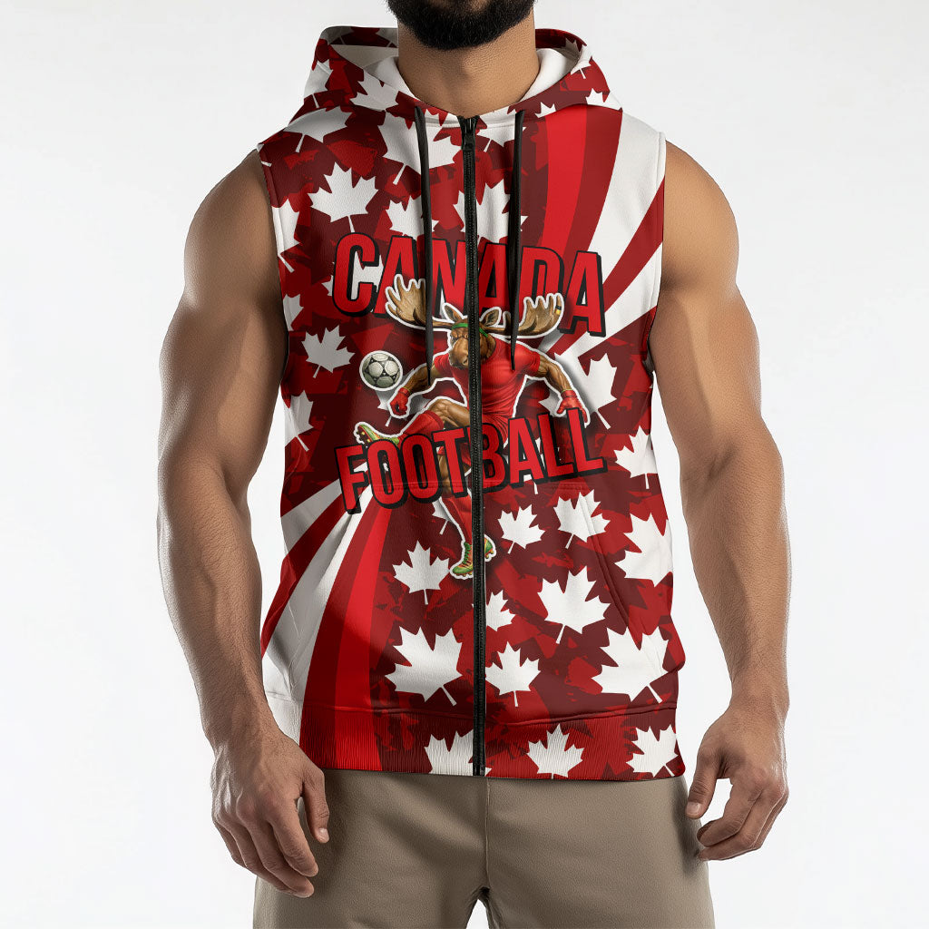 Personalized Canada Football Sleeveless Zip Hoodie Maple Leaf Pattern - Moose Soccer Mascot