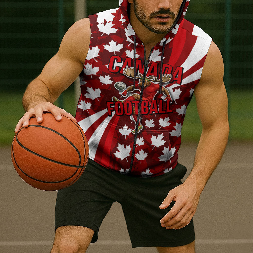 Personalized Canada Football Sleeveless Zip Hoodie Maple Leaf Pattern - Moose Soccer Mascot