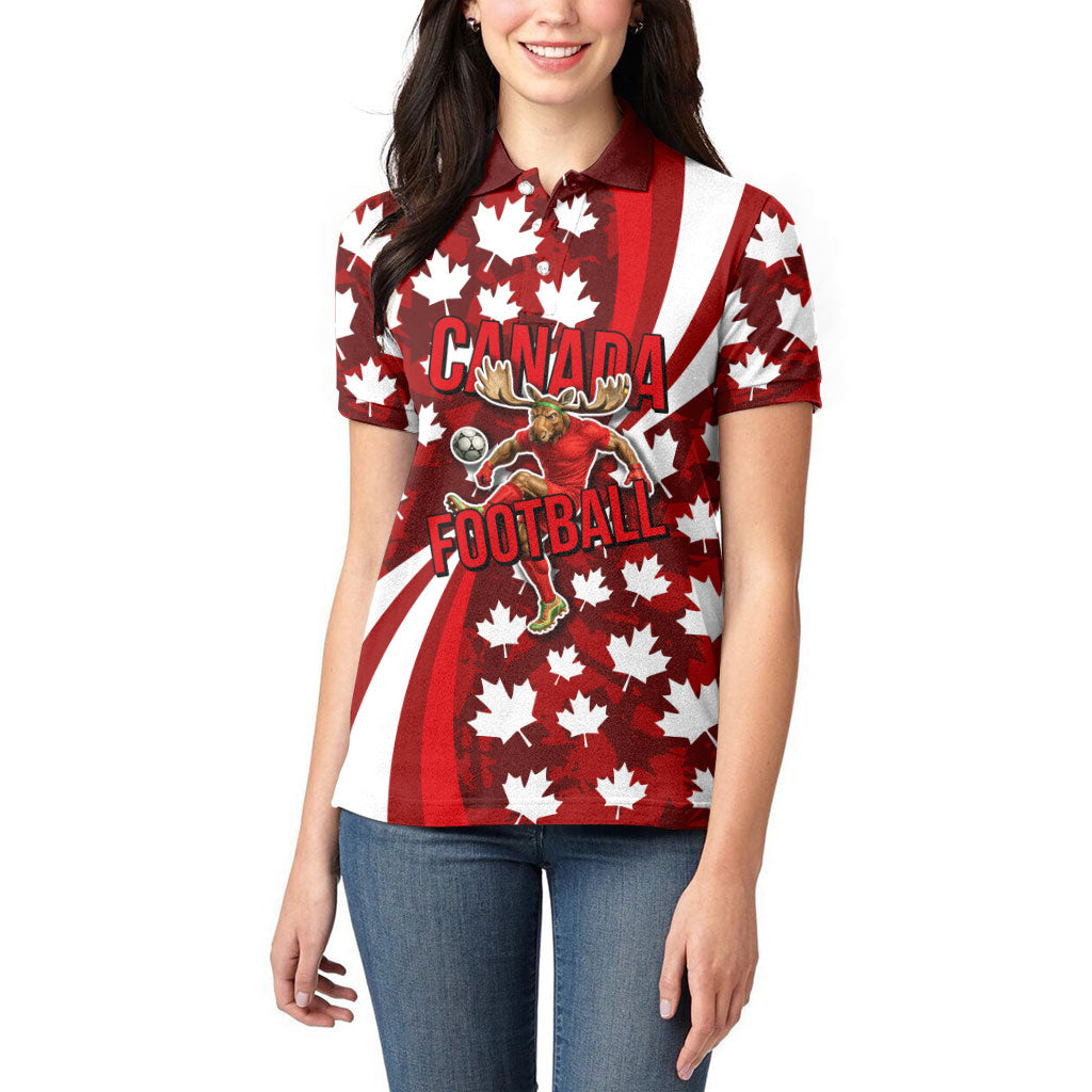 Personalized Canada Football Women Polo Shirt Maple Leaf Pattern - Moose Soccer Mascot