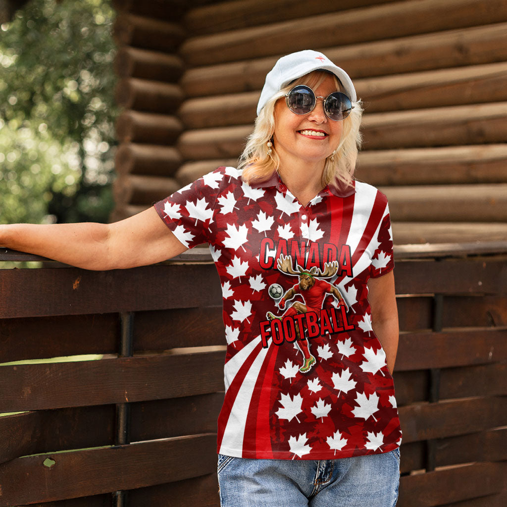 Personalized Canada Football Women Polo Shirt Maple Leaf Pattern - Moose Soccer Mascot
