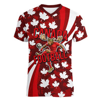 Personalized Canada Football Women V-Neck T-Shirt Maple Leaf Pattern - Moose Soccer Mascot