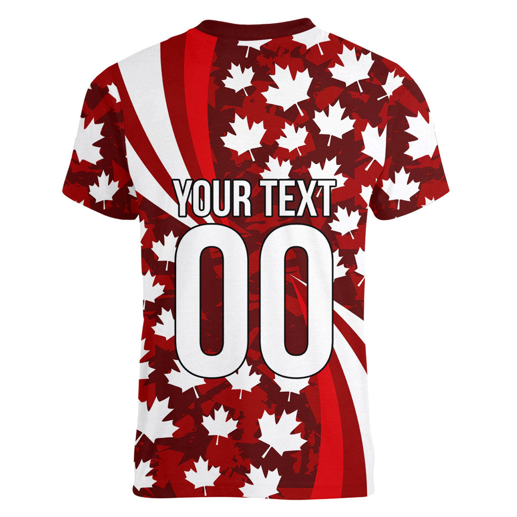 Personalized Canada Football Women V-Neck T-Shirt Maple Leaf Pattern - Moose Soccer Mascot