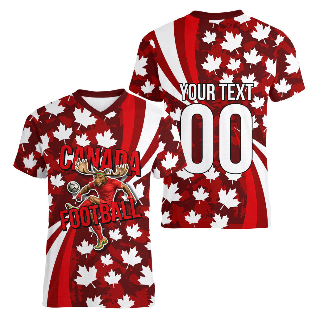 Personalized Canada Football Women V-Neck T-Shirt Maple Leaf Pattern - Moose Soccer Mascot
