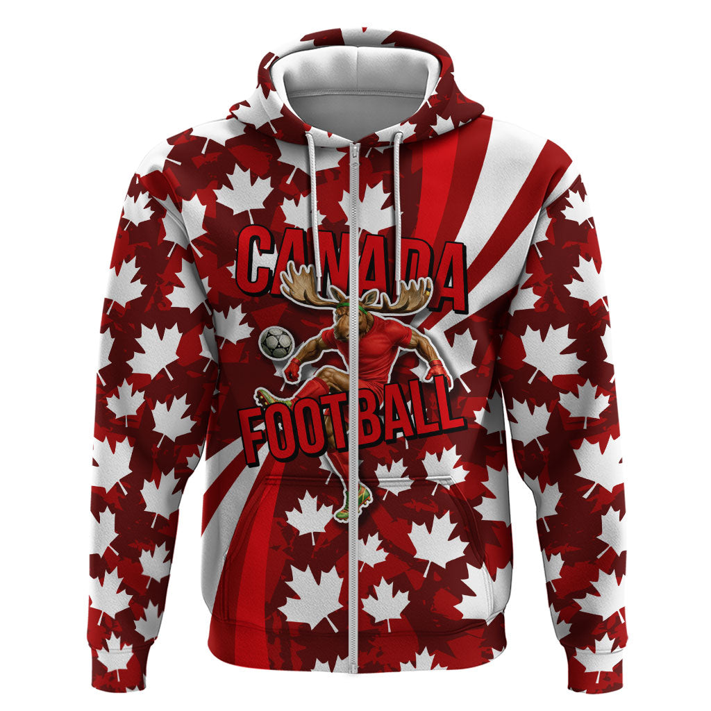 Personalized Canada Football Zip Hoodie Maple Leaf Pattern - Moose Soccer Mascot