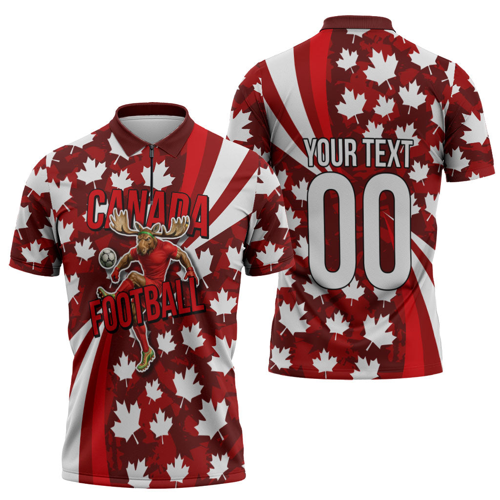 Personalized Canada Football Zipper Polo Shirt Maple Leaf Pattern - Moose Soccer Mascot