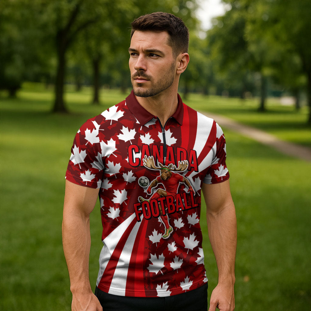 Personalized Canada Football Zipper Polo Shirt Maple Leaf Pattern - Moose Soccer Mascot