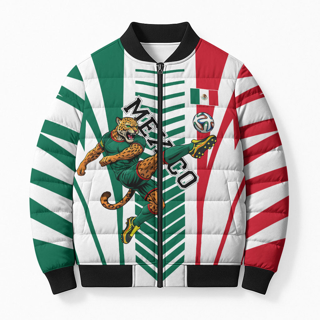 Personalized Mexico Football Bomber Puffer Jacket Mexican Flag Jaguar Mascot Soccer Ball