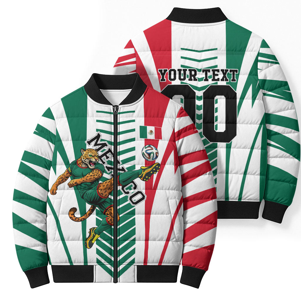 Personalized Mexico Football Bomber Puffer Jacket Mexican Flag Jaguar Mascot Soccer Ball