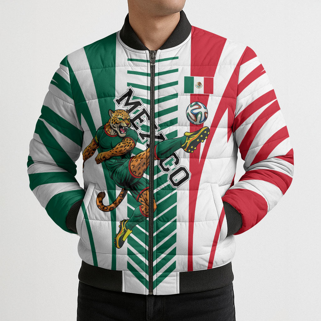 Personalized Mexico Football Bomber Puffer Jacket Mexican Flag Jaguar Mascot Soccer Ball