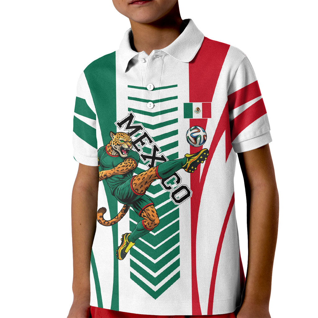 Personalized Mexico Football Kid Polo Shirt Mexican Flag Jaguar Mascot Soccer Ball