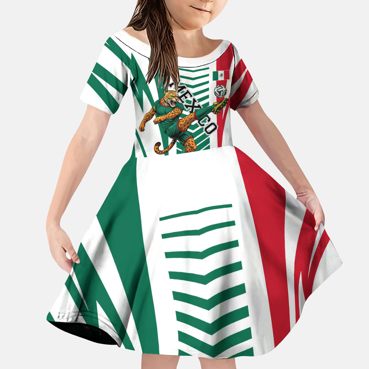 Personalized Mexico Football Kid Short Sleeve Dress Mexican Flag Jaguar Mascot Soccer Ball