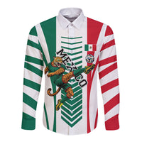 Personalized Mexico Football Long Sleeve Button Shirt Mexican Flag Jaguar Mascot Soccer Ball