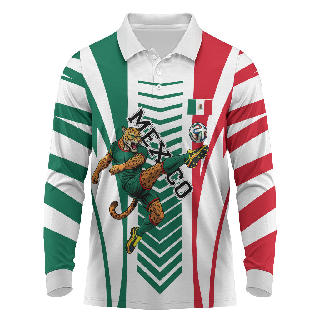 Personalized Mexico Football Long Sleeve Polo Shirt Mexican Flag Jaguar Mascot Soccer Ball