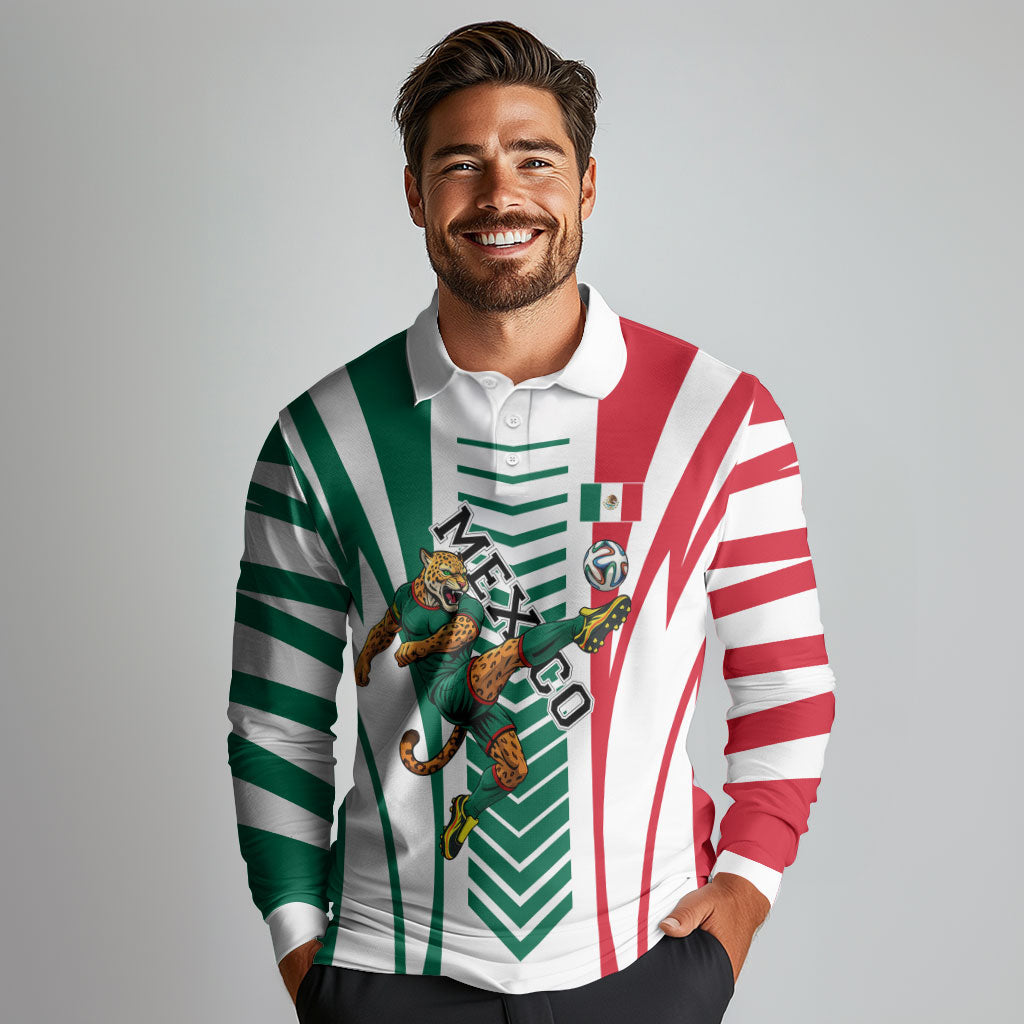 Personalized Mexico Football Long Sleeve Polo Shirt Mexican Flag Jaguar Mascot Soccer Ball
