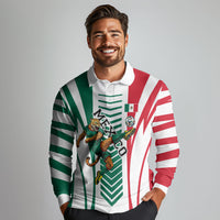 Personalized Mexico Football Long Sleeve Polo Shirt Mexican Flag Jaguar Mascot Soccer Ball
