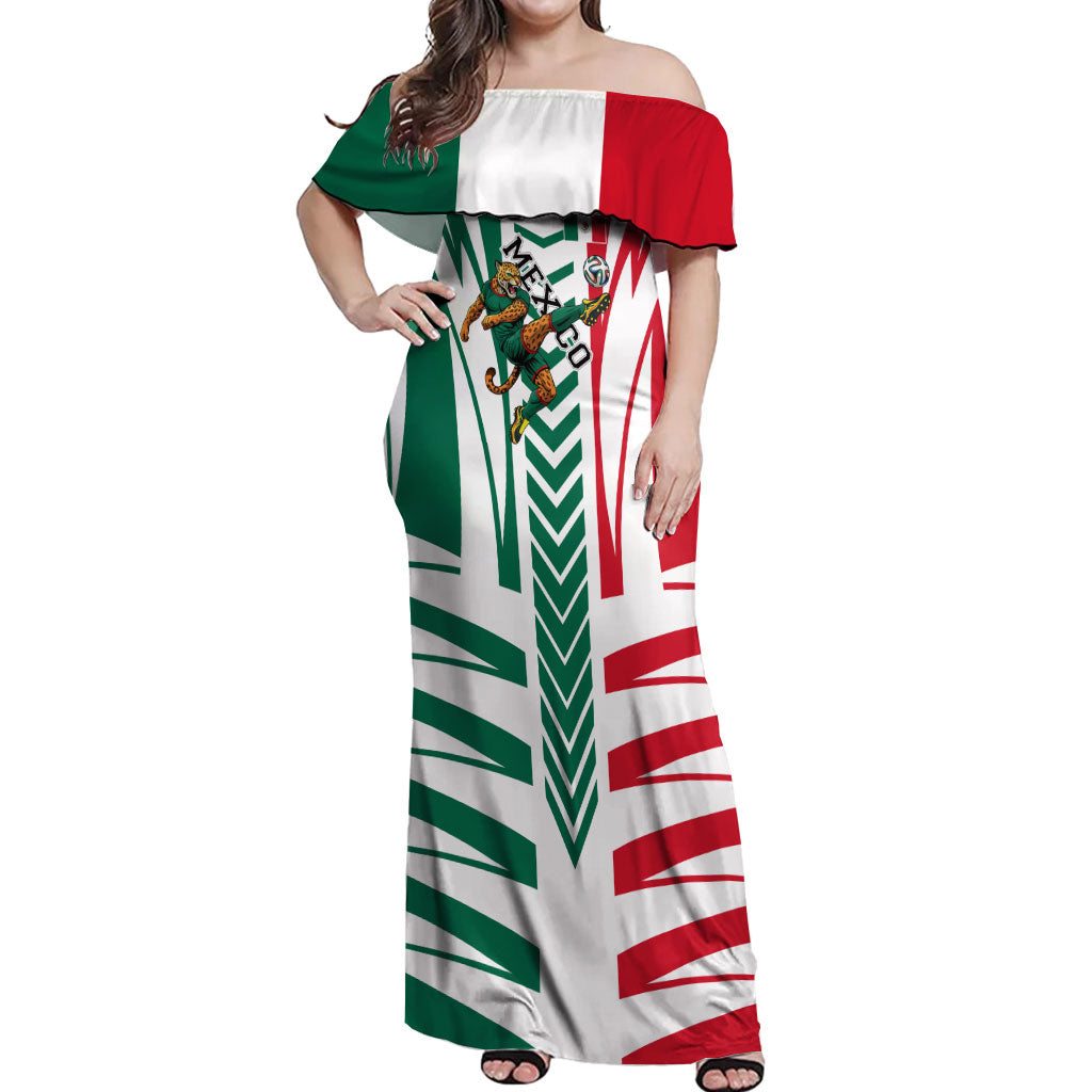 Personalized Mexico Football Off Shoulder Maxi Dress Mexican Flag Jaguar Mascot Soccer Ball