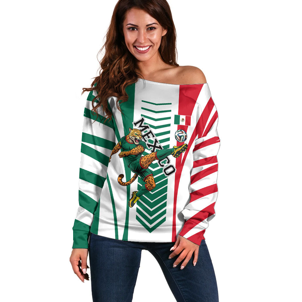 Personalized Mexico Football Off Shoulder Sweater Mexican Flag Jaguar Mascot Soccer Ball