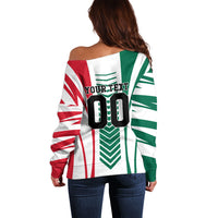 Personalized Mexico Football Off Shoulder Sweater Mexican Flag Jaguar Mascot Soccer Ball