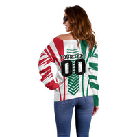 Personalized Mexico Football Off Shoulder Sweater Mexican Flag Jaguar Mascot Soccer Ball