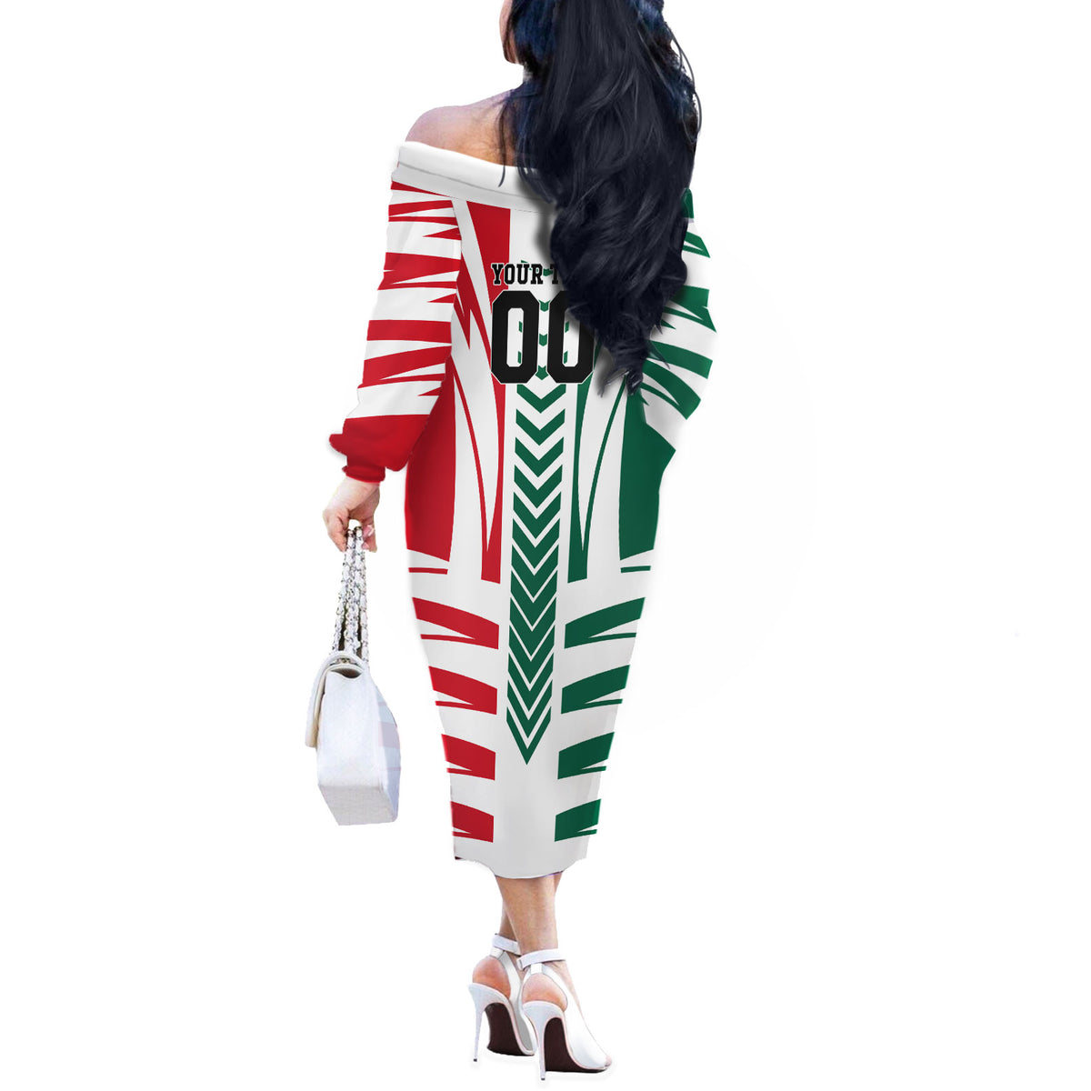 Personalized Mexico Football Off The Shoulder Long Sleeve Dress Mexican Flag Jaguar Mascot Soccer Ball